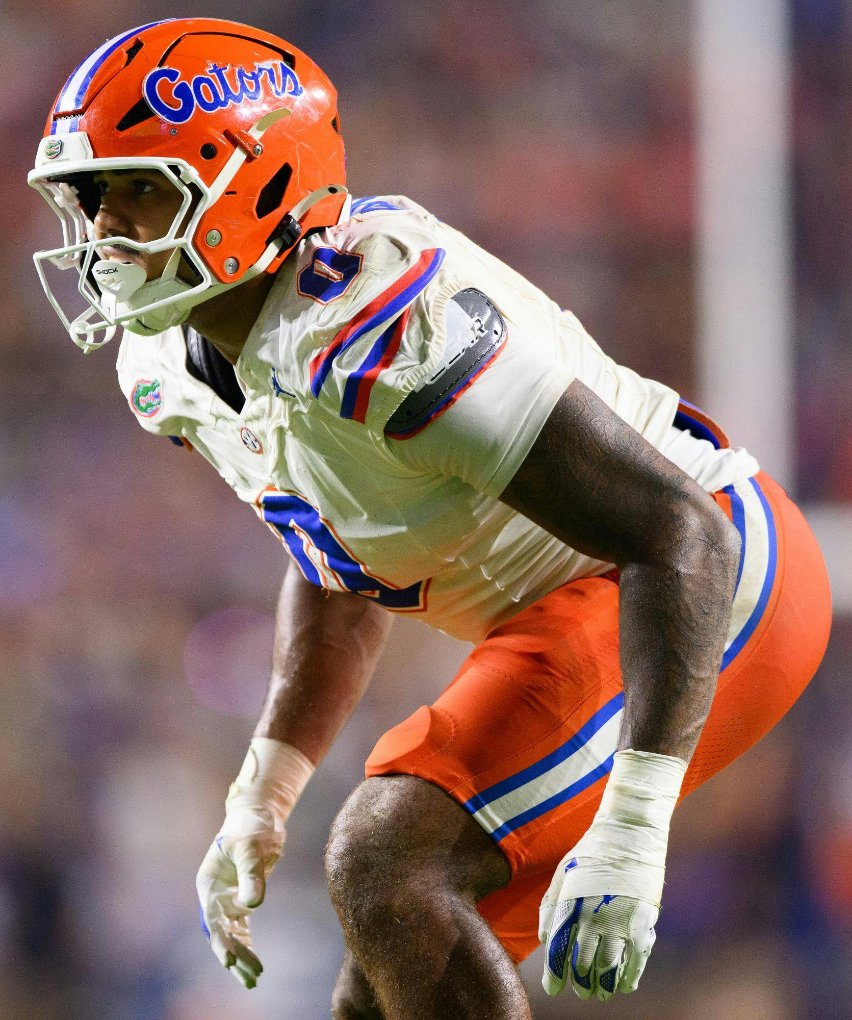 Florida linebacker Jayden Woods (0) lines up during the second half of an NCAA college football game against Auburn, Saturday, Sept. 19, 2026, in Auburn, Ala.