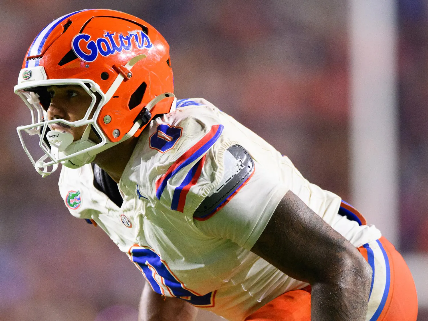 Florida linebacker Jayden Woods (0) lines up during the second half of an NCAA college football game against Auburn, Saturday, Sept. 19, 2026, in Auburn, Ala.