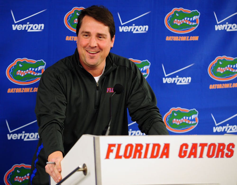<p>Will Muschamp speaks at a press conference in Ben Hill Griffin Stadium on Jan. 13. The Gators signed 15 players to finish 24-member recruiting class that was ranked seventh nationally, according to Rivals.com.</p>