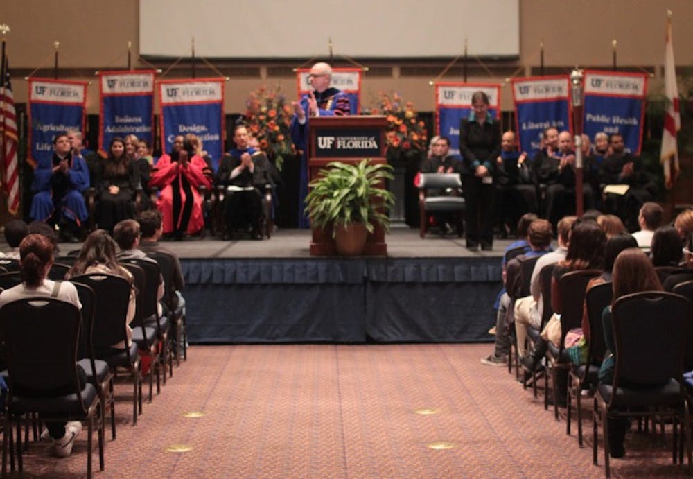 <p>UF President Bernie Machen addresses students at the convocation of the Innovation Academy in the Reitz Union Grand Ballroom on Friday.</p>