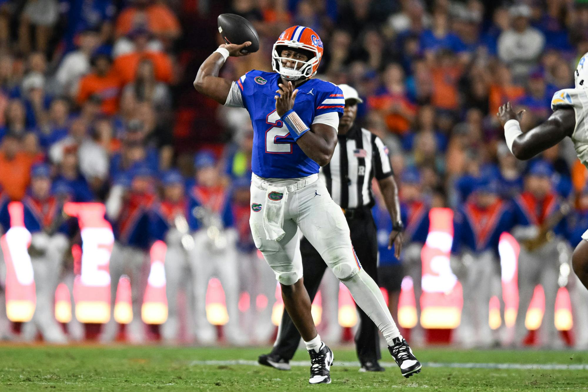 Florida Gators quarterback DJ Lagway (2) throws the ball during a football game between the Long Island Sharks and the Florida Gators on Saturday, Aug. 30, 2025, at Ben Hill Griffin Stadium in Gainesville, Fla.