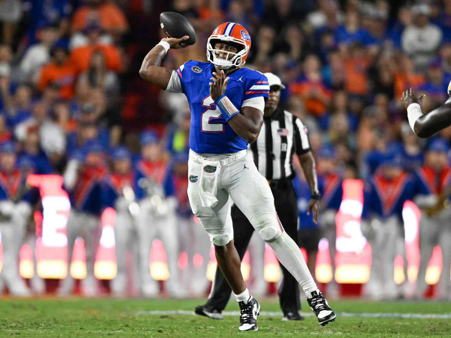 Florida Gators quarterback DJ Lagway (2) throws the ball during a football game between the Long Island Sharks and the Florida Gators on Saturday, Aug. 30, 2025, at Ben Hill Griffin Stadium in Gainesville, Fla.