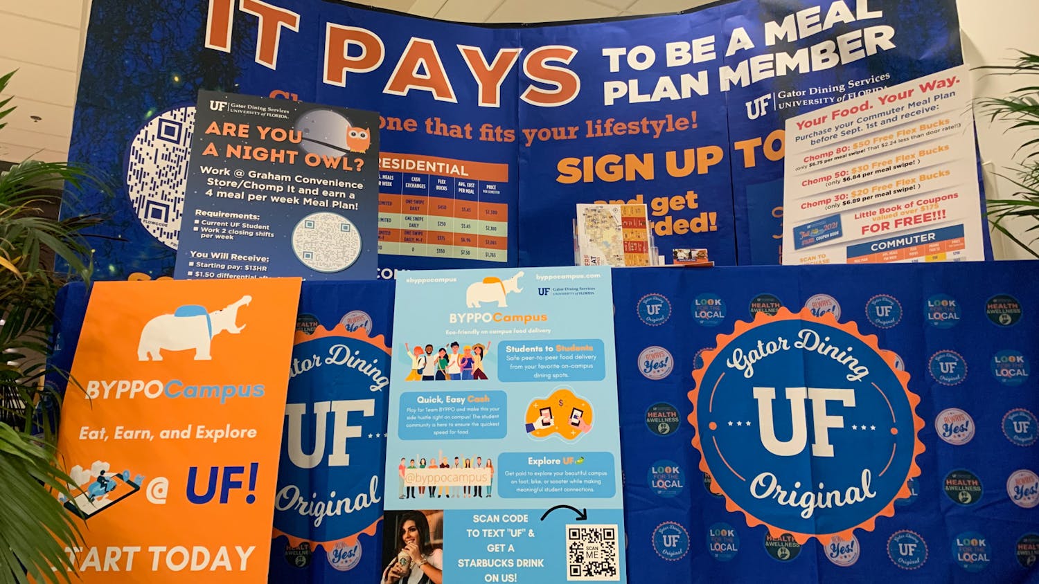 Signage posted by the University of Florida advertising Gator Dining meal plans on the third floor of the Reitz Union at UF’s Gainesville campus on Sunday, Aug. 15, 2021.