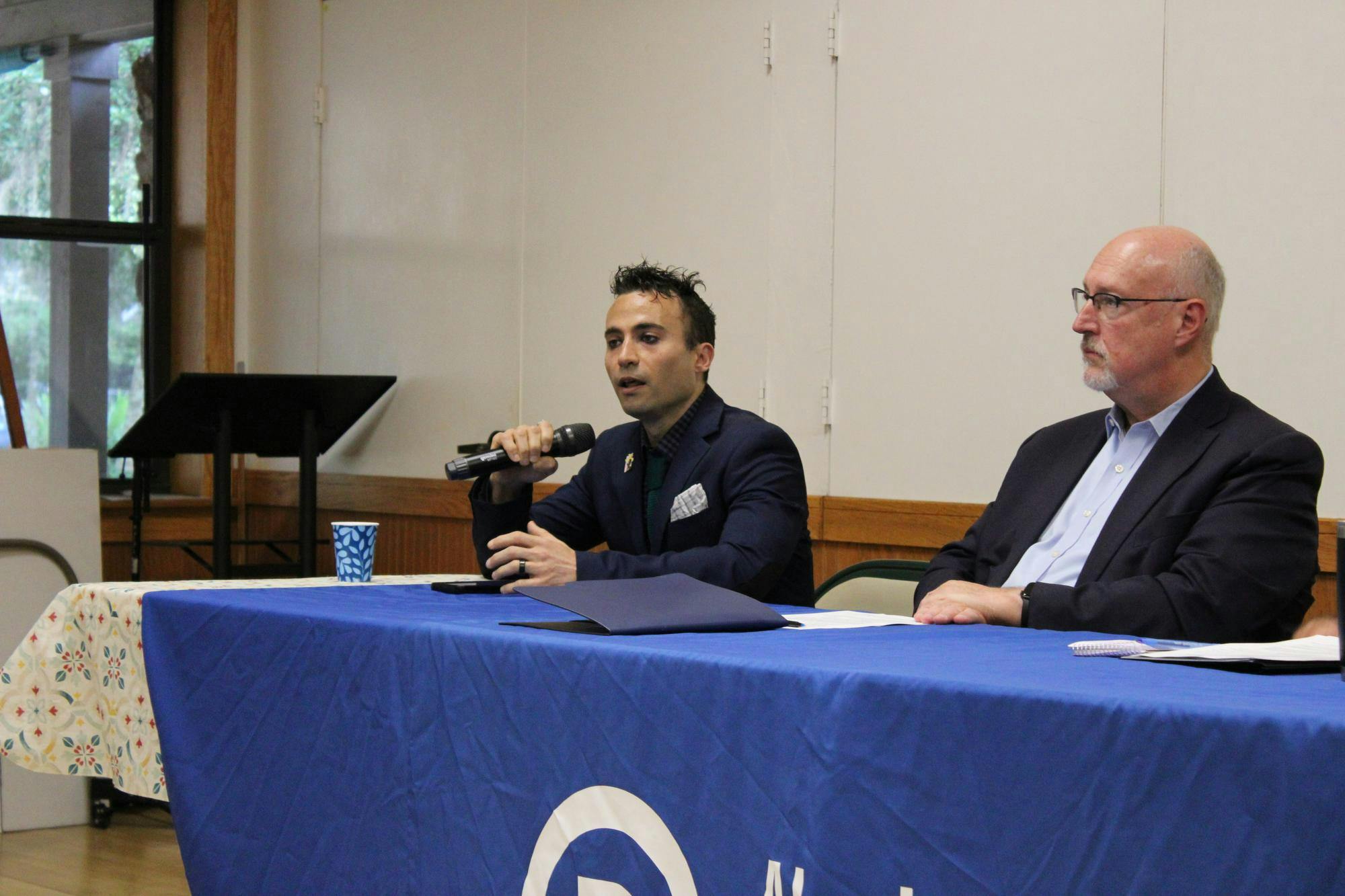 Evan Morgan Moon, City of Gainesville mayoral candidate, speaks at the candidate forum for the Alachua County Democratic Party Wednesday, July 15, 2026.