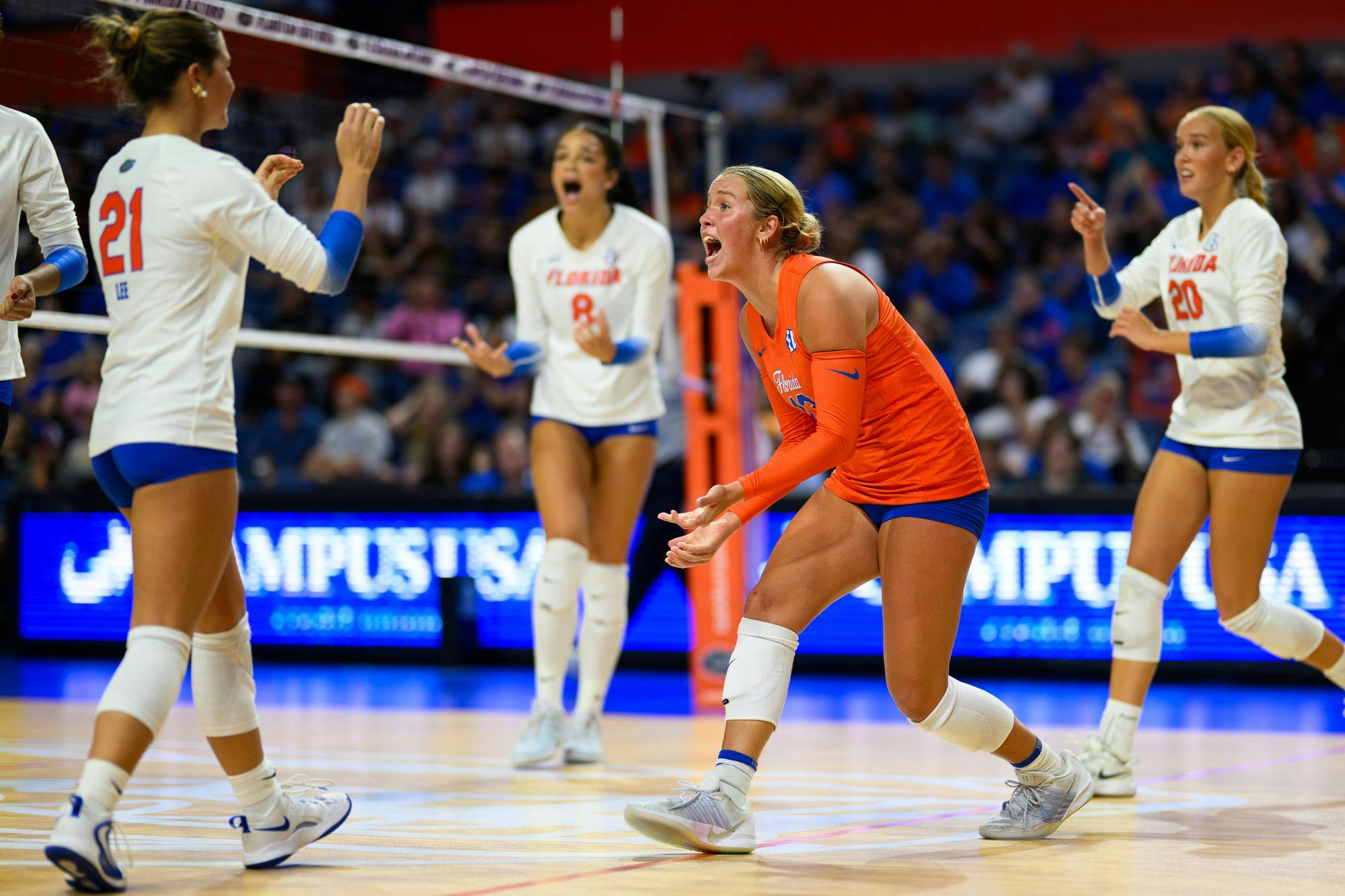 Florida libero Lily Hayes (13) celebrates winning a point during an NCAA Volleyball match against FAU, Friday, Sept. 11, 2026, in Gainesville, Fla.