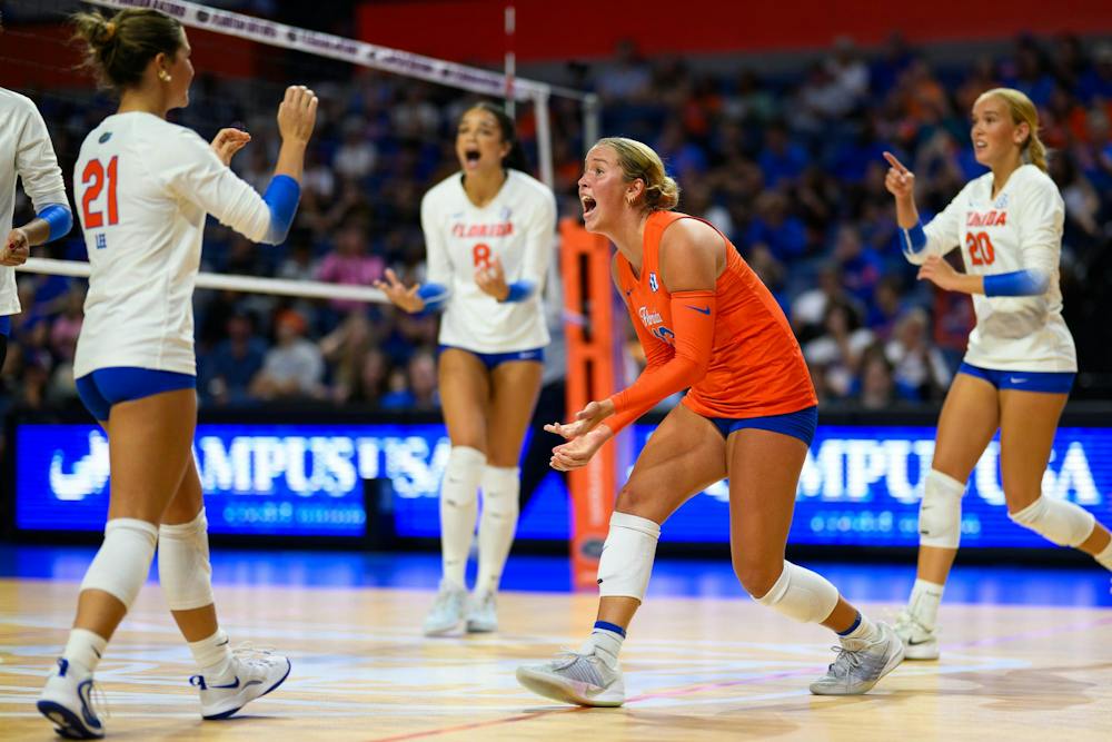 Florida libero Lily Hayes (13) celebrates winning a point during an NCAA Volleyball match against FAU, Friday, Sept. 11, 2026, in Gainesville, Fla.