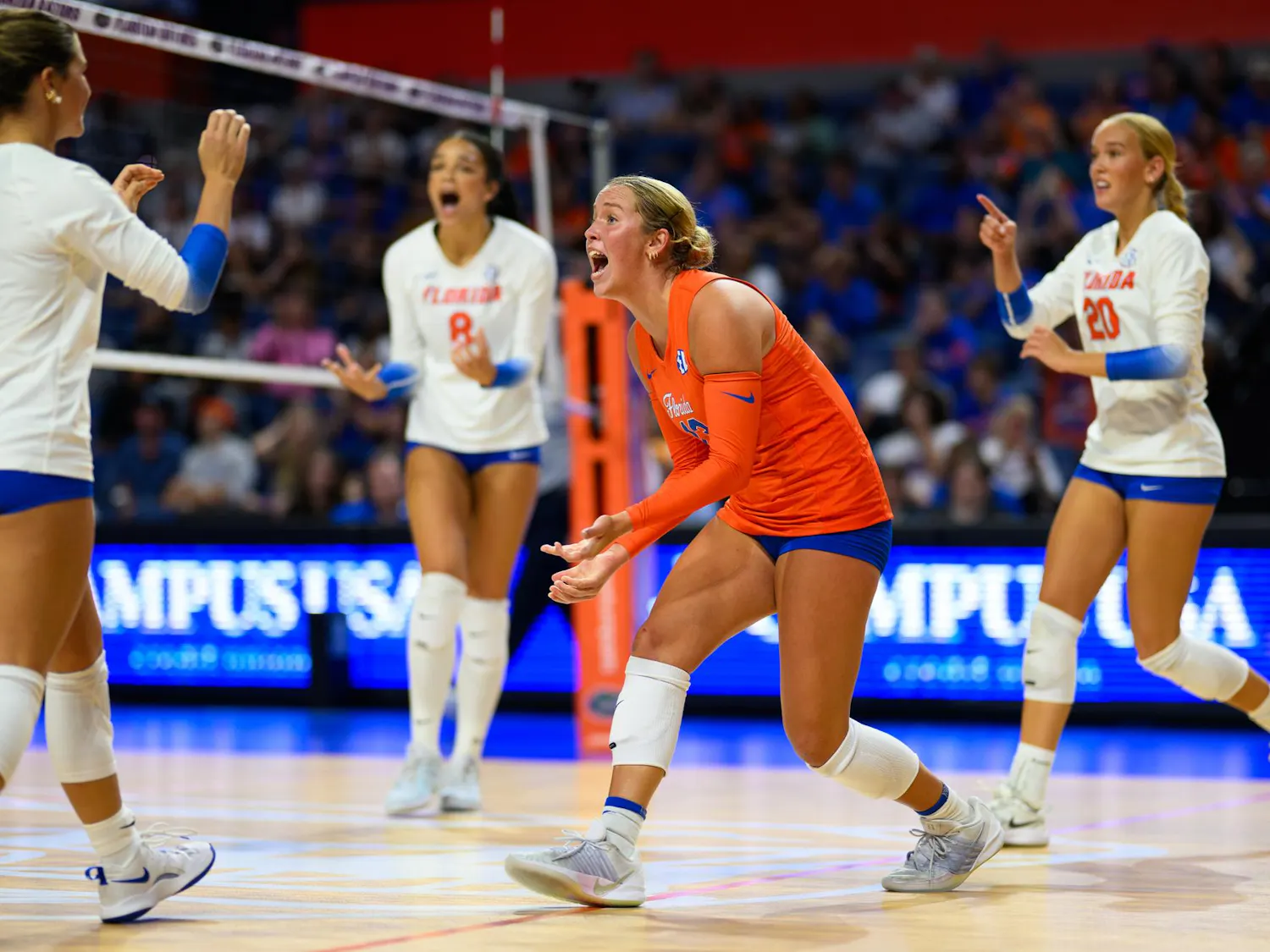 Florida libero Lily Hayes (13) celebrates winning a point during an NCAA Volleyball match against FAU, Friday, Sept. 11, 2026, in Gainesville, Fla.