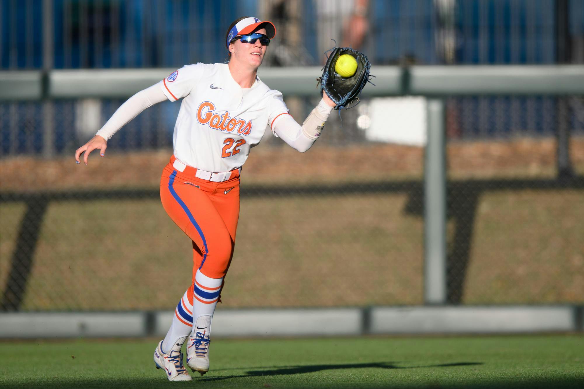 Florida outfielder Cassidy McLellan (22) catches during an NCAA softball game against FGCU, Wednesday, April 15, 2026, in Gainesville, Fla.