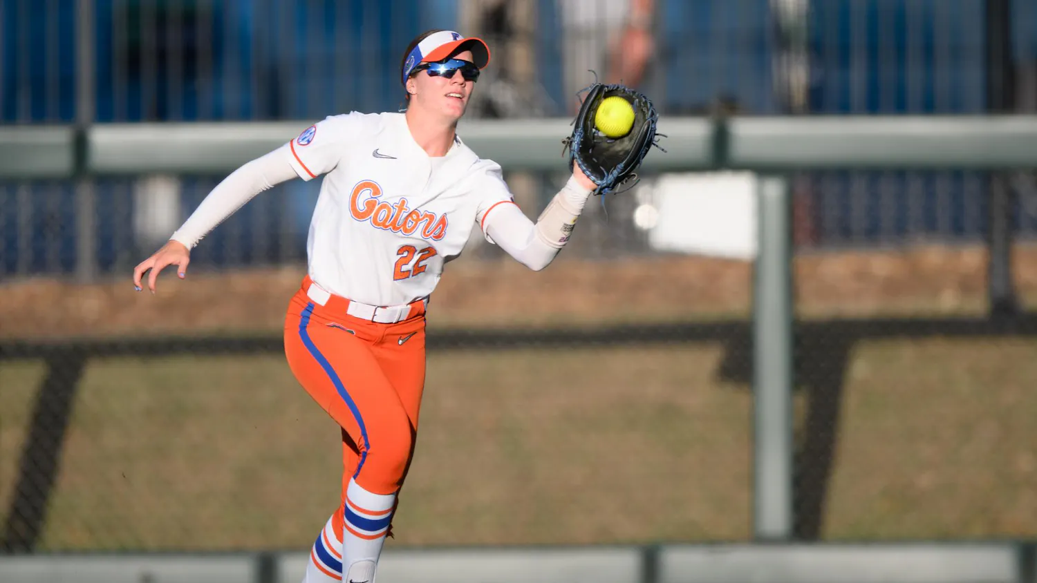 Florida outfielder Cassidy McLellan (22) catches during an NCAA softball game against FGCU, Wednesday, April 15, 2026, in Gainesville, Fla.