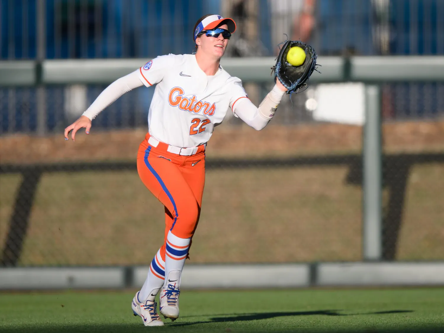 Florida outfielder Cassidy McLellan (22) catches during an NCAA softball game against FGCU, Wednesday, April 15, 2026, in Gainesville, Fla.