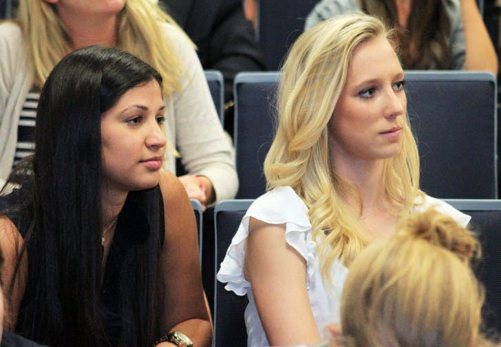 Newly elected allocations chairwoman Sen. Katie Waldman sits with Unite Party spokeswoman and Sen. Christina Bonarrigo in the Student Senate meeting Tuesday night.