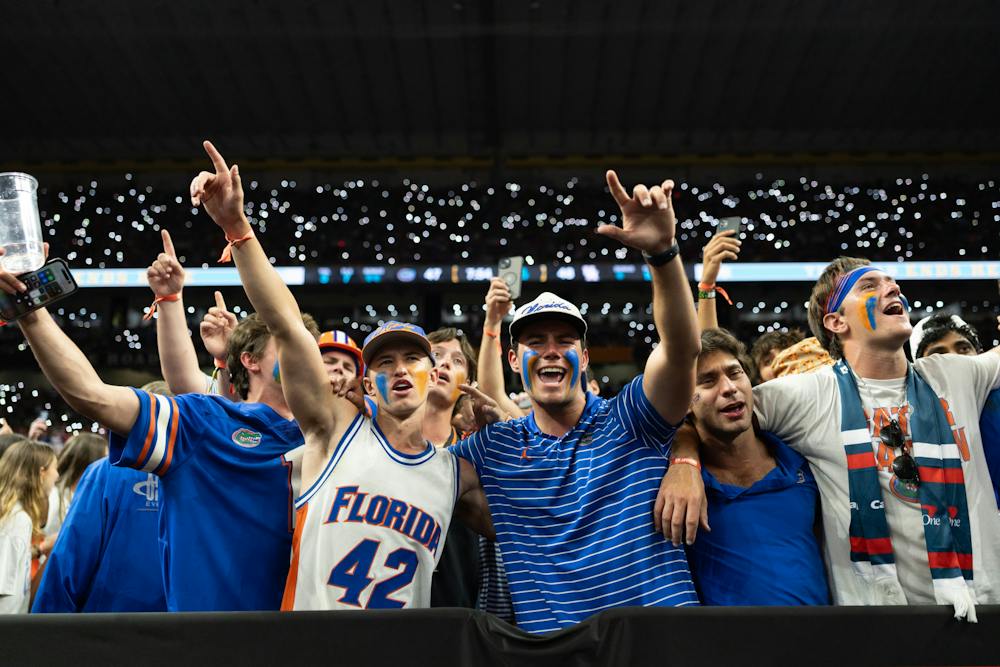 <p>The Florida Gators student section celebrates during a basketball game against the Houston Cougars in the National Championship round of the NCAA Tournament on Monday, April 7, 2025, in San Antonio, Texas.</p>