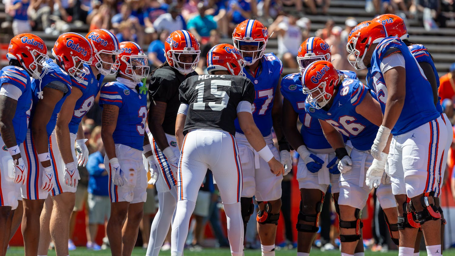 Florida quarterback Graham Mertz in the huddle with his Blue team during the Orange and Blue Game on Saturday, April 13. Photo by Ryan Friedenberg