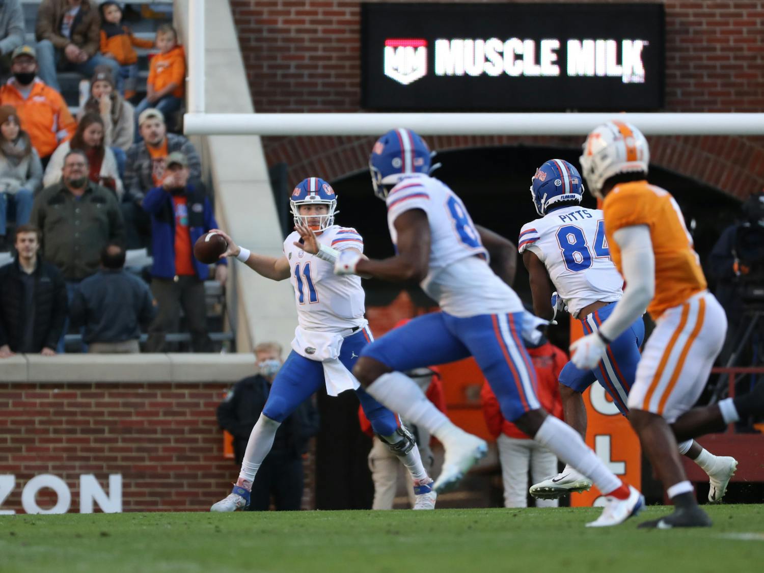 Kyle Trask (11) winds up, preparing to pass the football at the Gators' game against the Volunteers at Neyland Stadium in Knoxville, Tennessee, on Dec. 5, 2020.