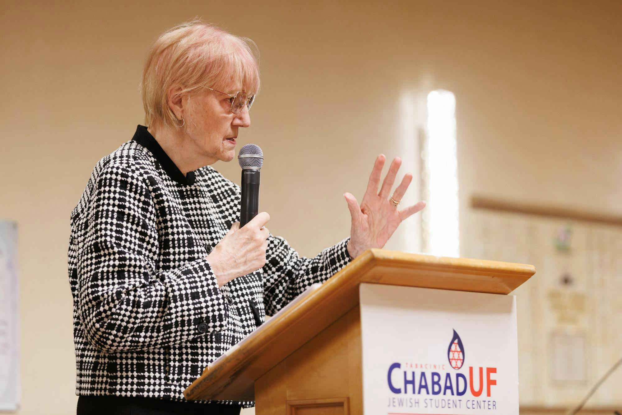 Auschwitz survivor Sora Vigorito speaks at an International Holocaust Remembrance Day event at the Chabad UF Jewish Center in Gainesville, Fla., Wednesday, Jan. 21, 2026.