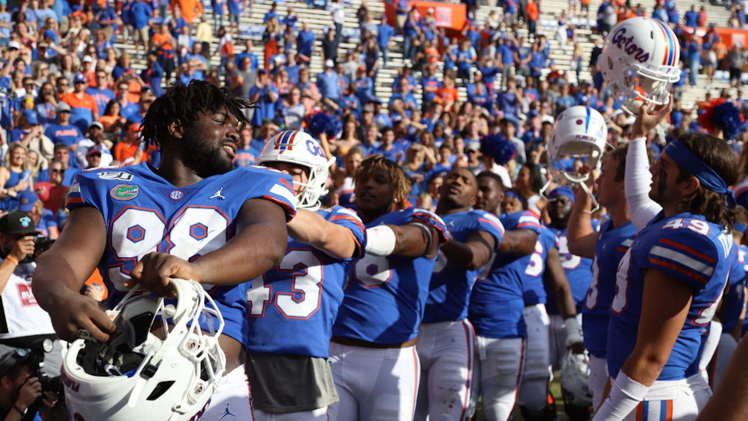 The Gators celebrating a home win against Vanderbilt last season. In Saturday's opening kickoff, the Gators and Rebels displayed their support of the Black Lives Matter movement.