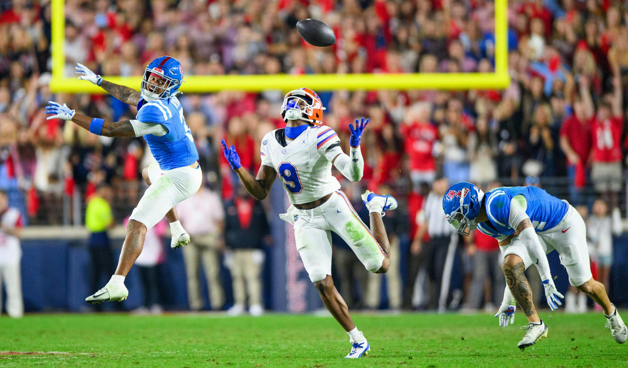 Ole Miss safety Sage Ryan (3) tries to intercept a pass during the second half of an NCAA college football game, Saturday, Nov. 15, 2025, in Oxford, Miss.