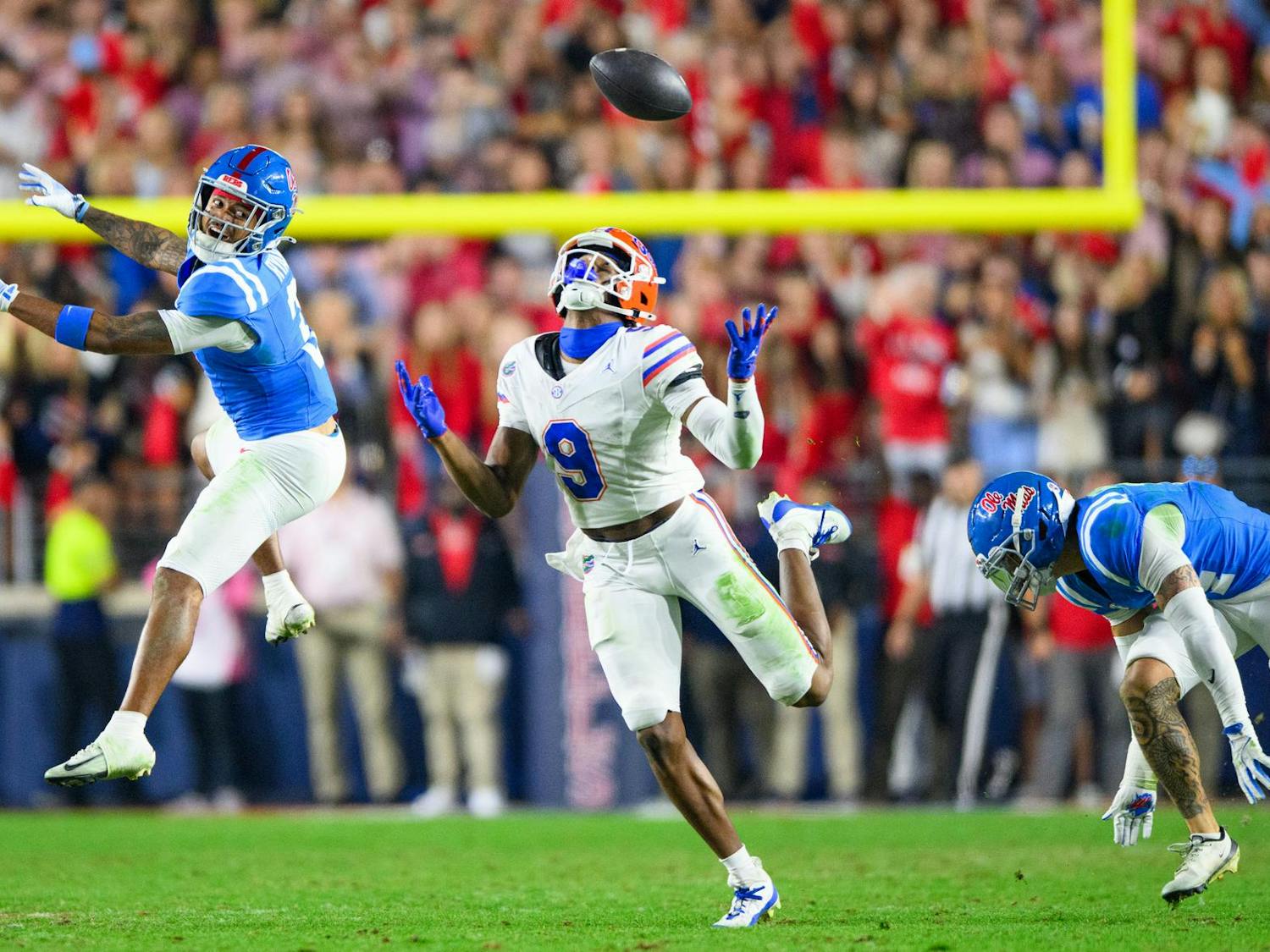 Ole Miss safety Sage Ryan (3) tries to intercept a pass during the second half of an NCAA college football game, Saturday, Nov. 15, 2025, in Oxford, Miss.