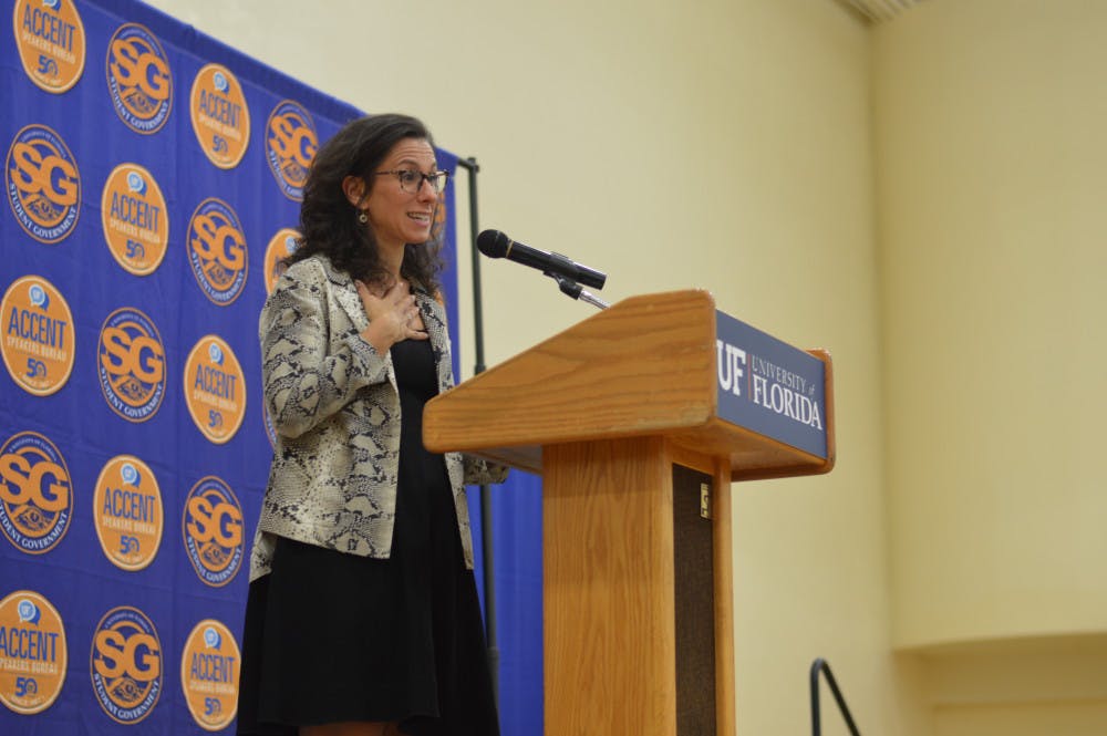 Award-winning journalist and author Jodi Kantor spoke to students Wednesday night in the Florida Gym as part of Accent Speaker Bureau's final event of the semester. The New York Times investigative reporter was recently awarded the Pulitzer Prize for her story uncovering Harvey Weinstein's sexual abuse in the entertainment industry as well as being named one of TIME Magazine's 100 most influential people of 2018.
