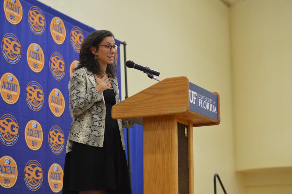 <p>Award-winning journalist and author Jodi Kantor spoke to students Wednesday night in the Florida Gym as part of Accent Speaker Bureau's final event of the semester. The New York Times investigative reporter was recently awarded the Pulitzer Prize for her story uncovering Harvey Weinstein's sexual abuse in the entertainment industry as well as being named one of TIME Magazine's 100 most influential people of 2018.</p>