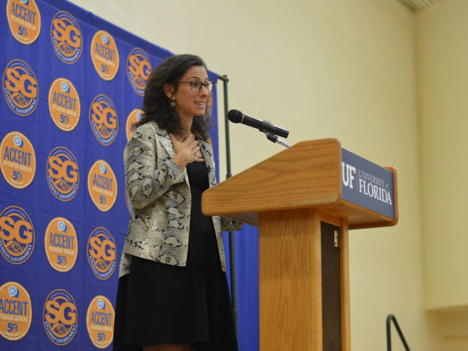 Award-winning journalist and author Jodi Kantor spoke to students Wednesday night in the Florida Gym as part of Accent Speaker Bureau's final event of the semester. The New York Times investigative reporter was recently awarded the Pulitzer Prize for her story uncovering Harvey Weinstein's sexual abuse in the entertainment industry as well as being named one of TIME Magazine's 100 most influential people of 2018.