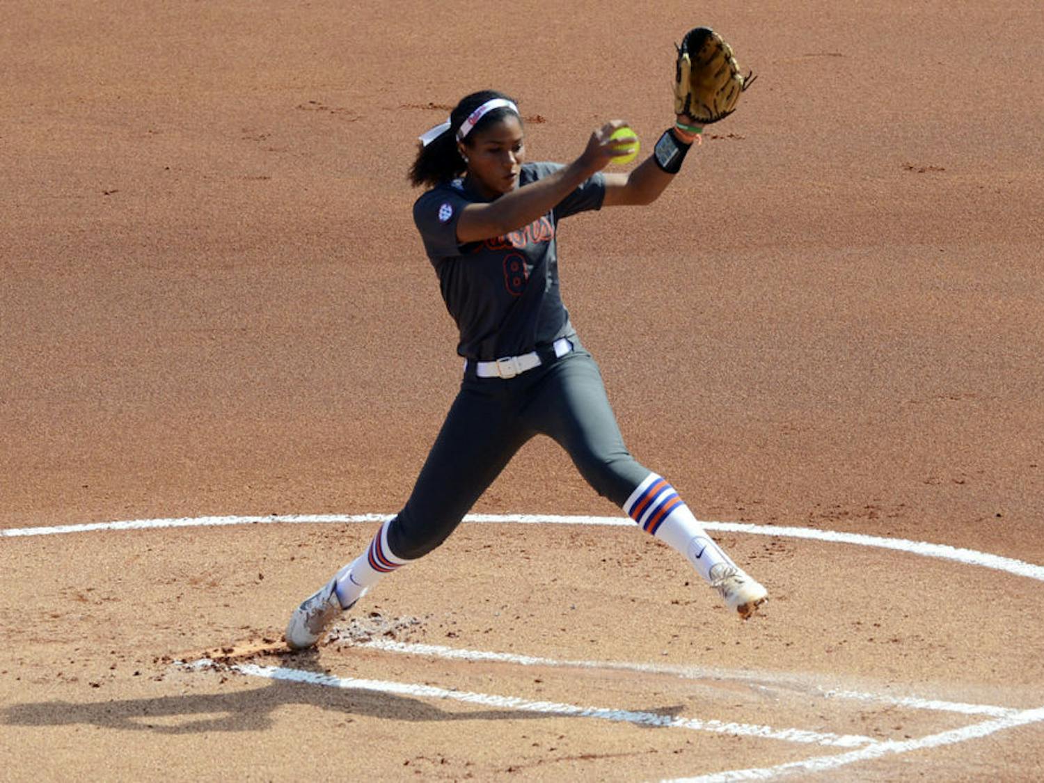 Aleshia Ocasio pitches during Florida's win against Illinois State on Feb. 21, 2015, at Katie Seashole Pressly Stadium.