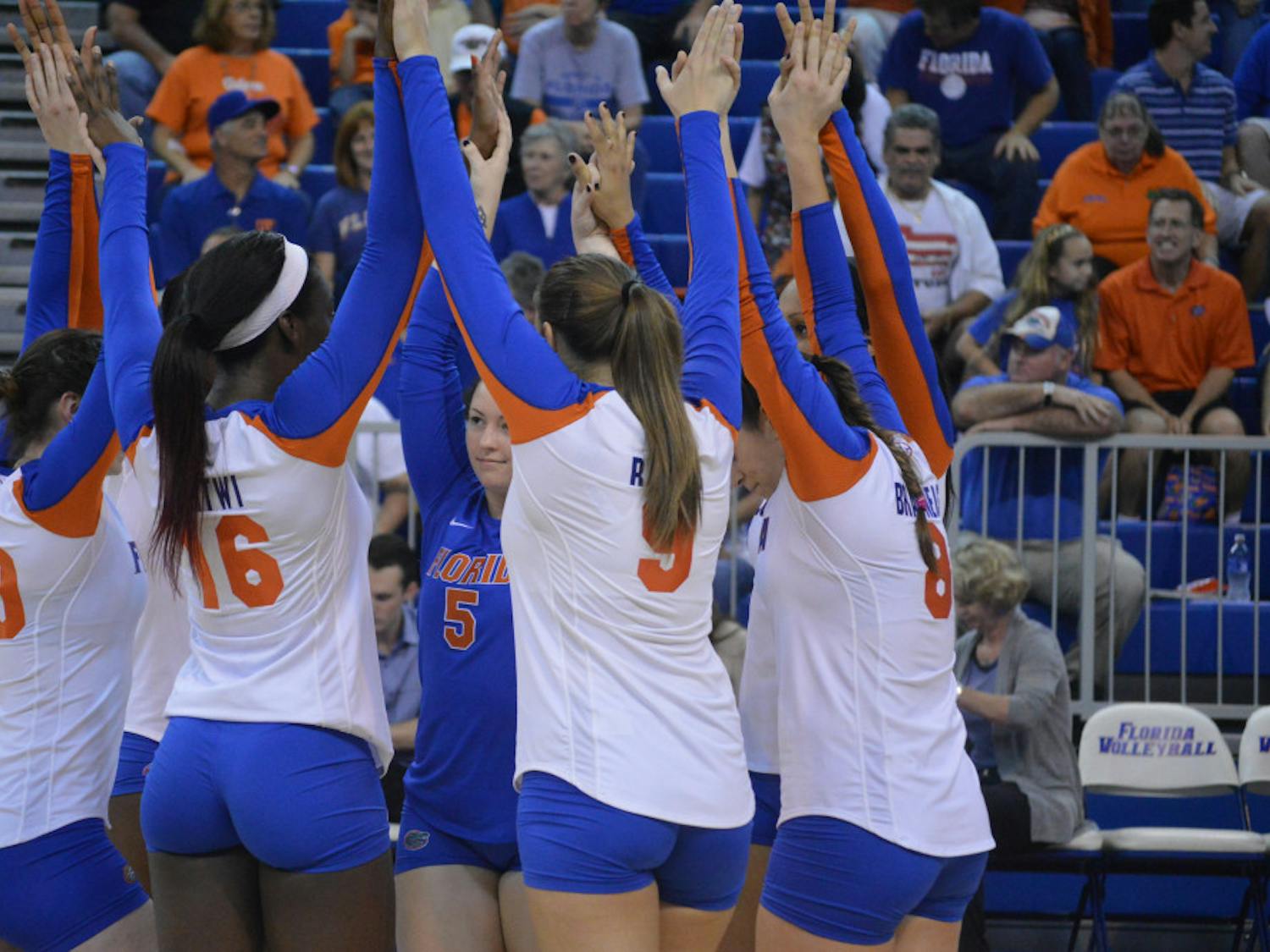 The Florida volleyball team huddles prior to its 3-2 loss to Florida State in the second round of the NCAA Tournament. Florida opens its season today against Georgia Southern in the Active Ankle Challenge.