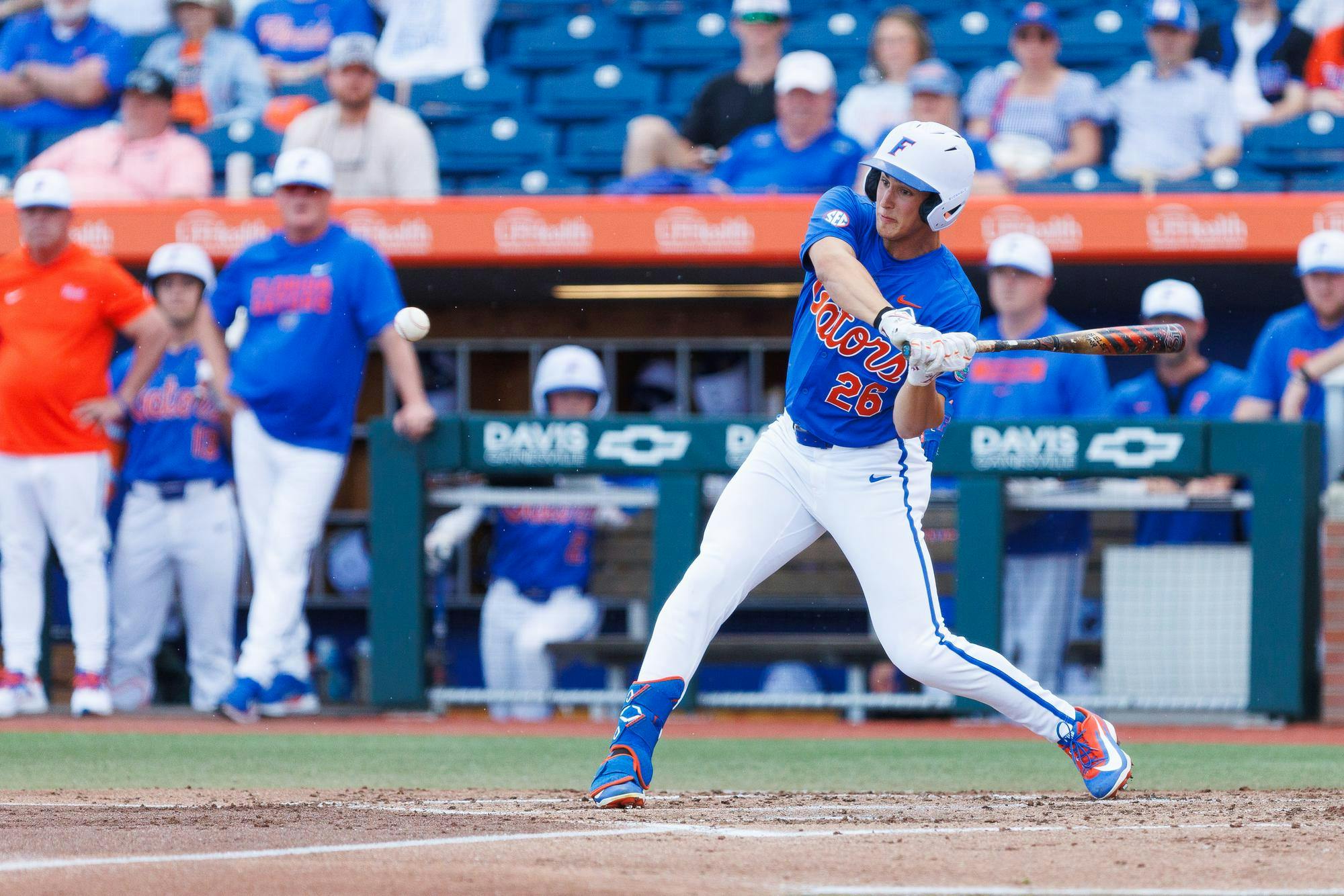 Florida Gators outfielder Cash Strayer swings during an NCAA Baseball game against High Point, Saturday, March 7, 2026, in Gainesville, Fla.