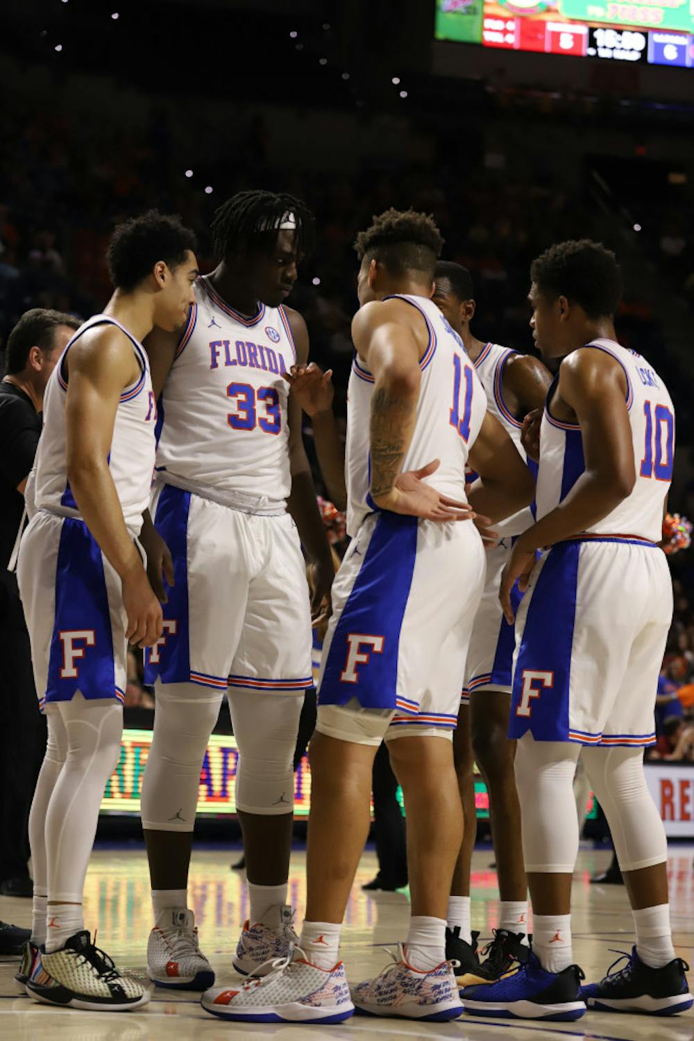 <p>Florida players come together during a timeout in a win over LSU.</p>