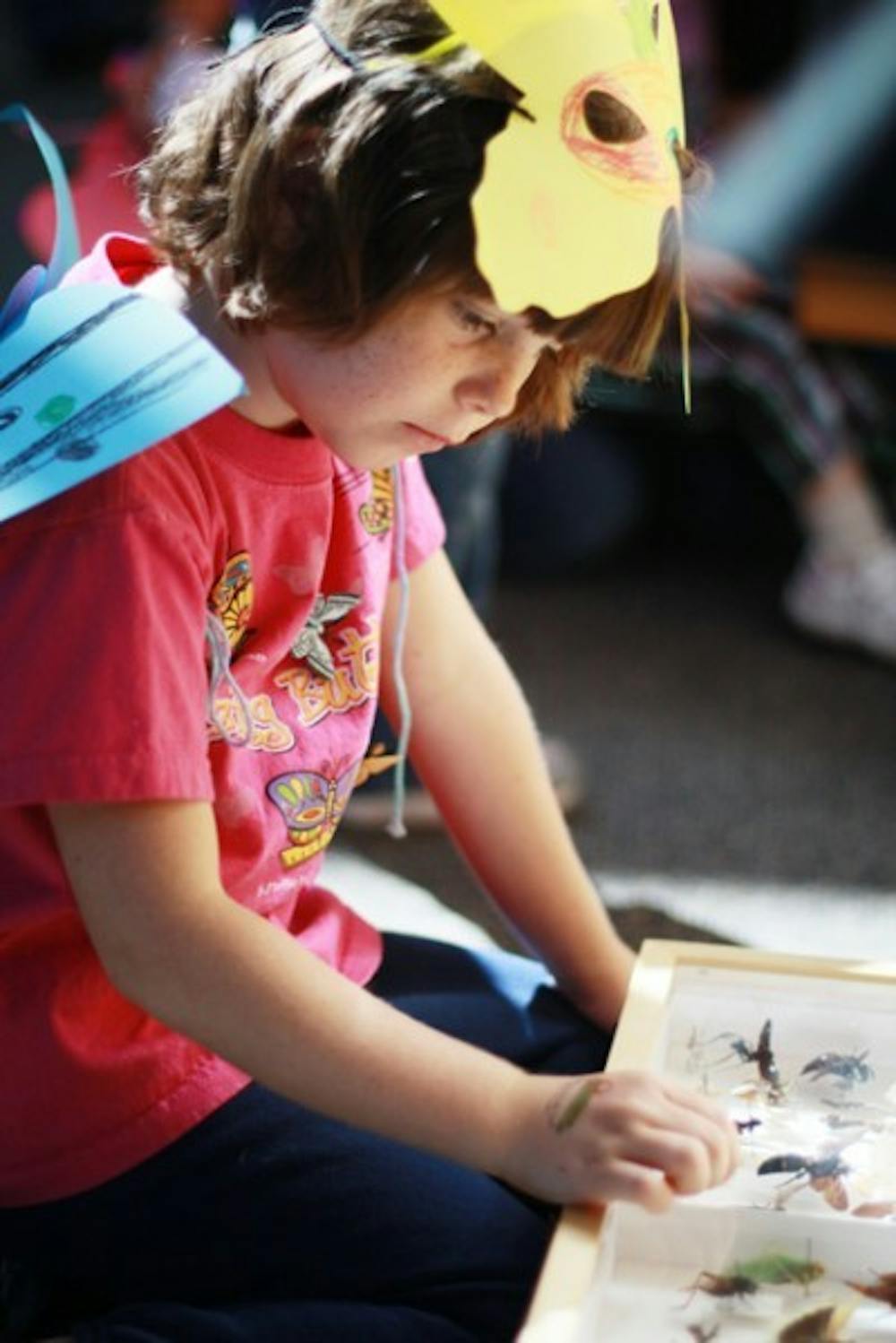 <p>Sarah Whitin, 6, looks at some moths and butterflies on display at ButterflyFest at the Florida Museum of Natural History on Saturday.</p>