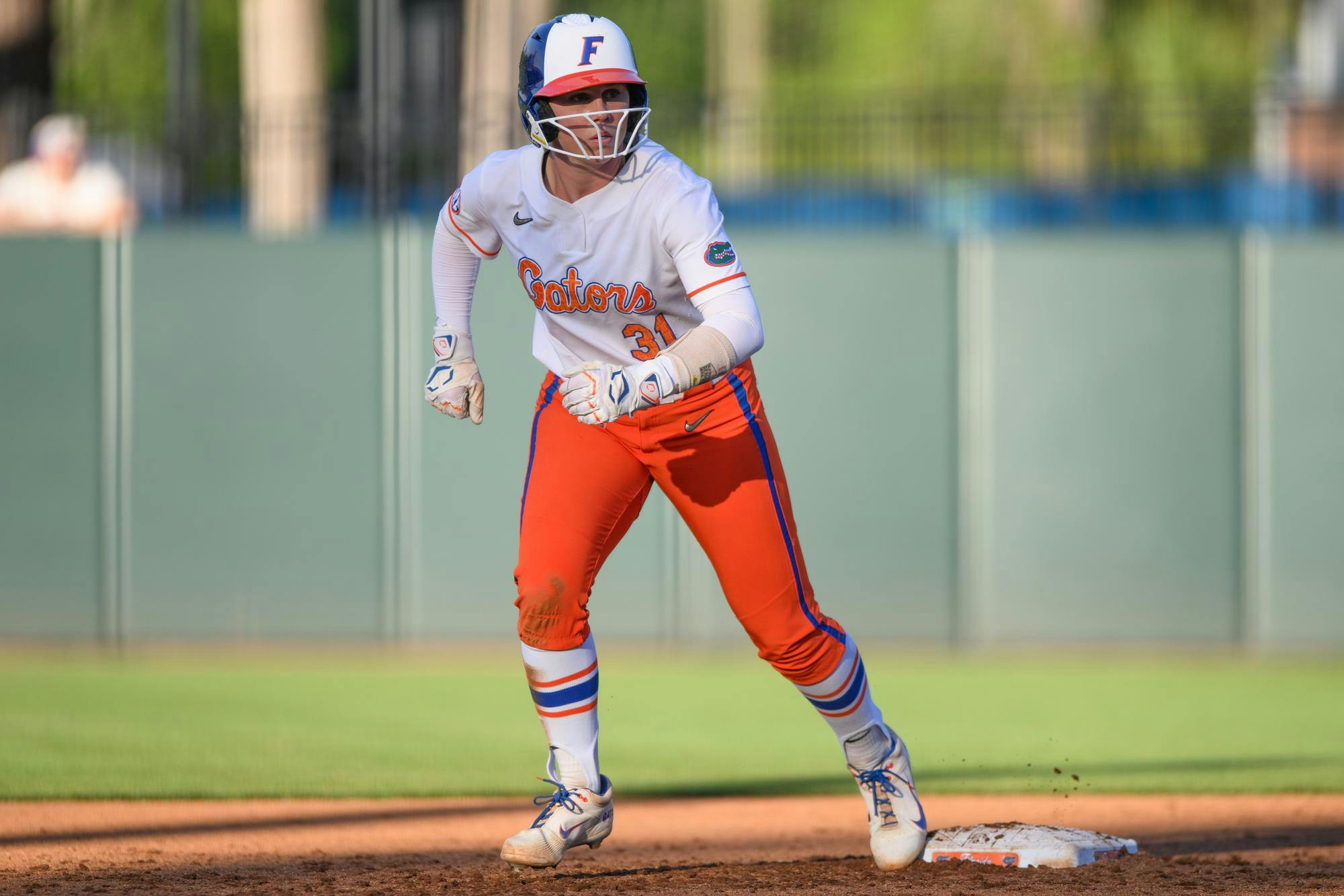 Florida infielder Kenleigh Cahalan (31) leaves second base during an NCAA softball game against FGCU, Wednesday, April 15, 2026, in Gainesville, Fla.