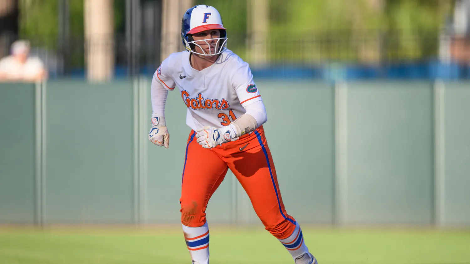 Florida infielder Kenleigh Cahalan (31) leaves second base during an NCAA softball game against FGCU, Wednesday, April 15, 2026, in Gainesville, Fla.