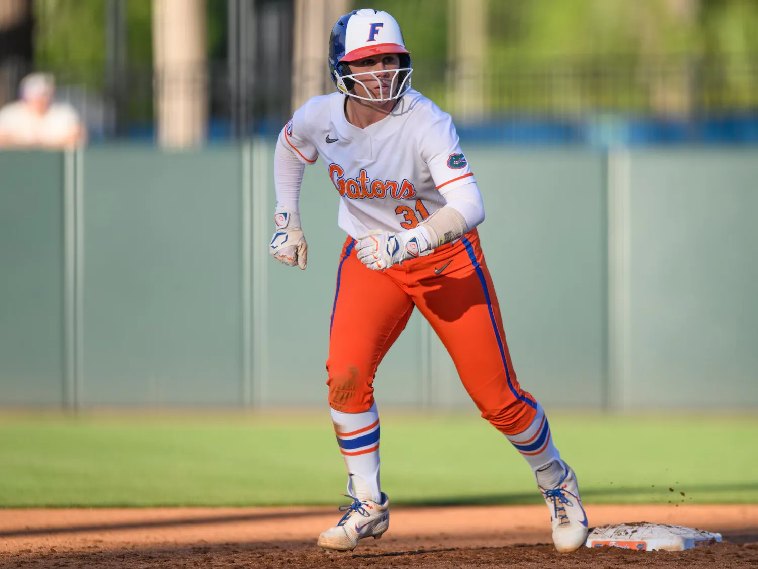 Florida infielder Kenleigh Cahalan (31) leaves second base during an NCAA softball game against FGCU, Wednesday, April 15, 2026, in Gainesville, Fla.