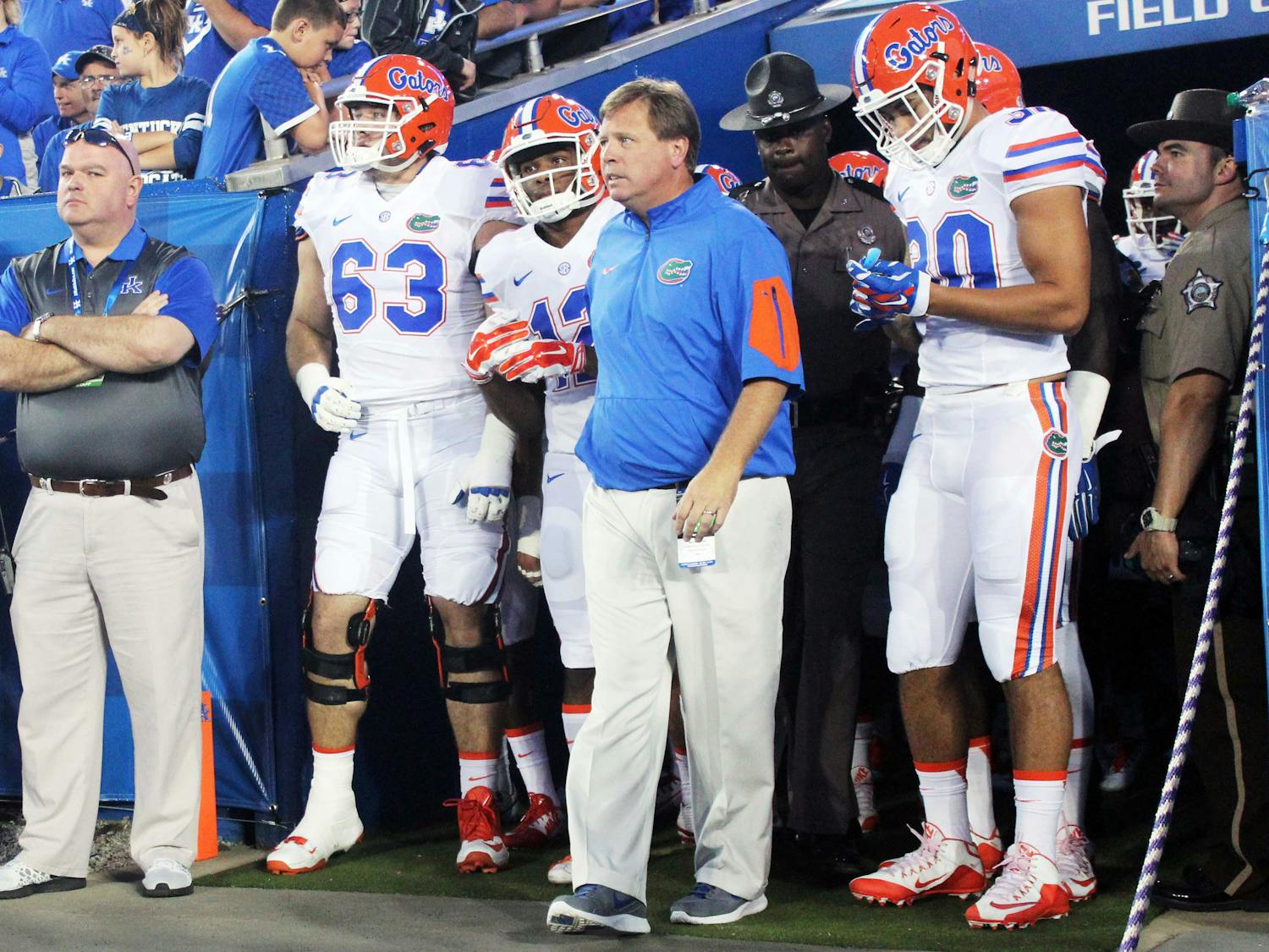 UF football coach Jim McElwain walks out of the visitor's tunnel prior to Florida's 14-9 win against Kentucky on Sept. 19, 2015, at Commonwealth Stadium in Lexington, Kentucky.