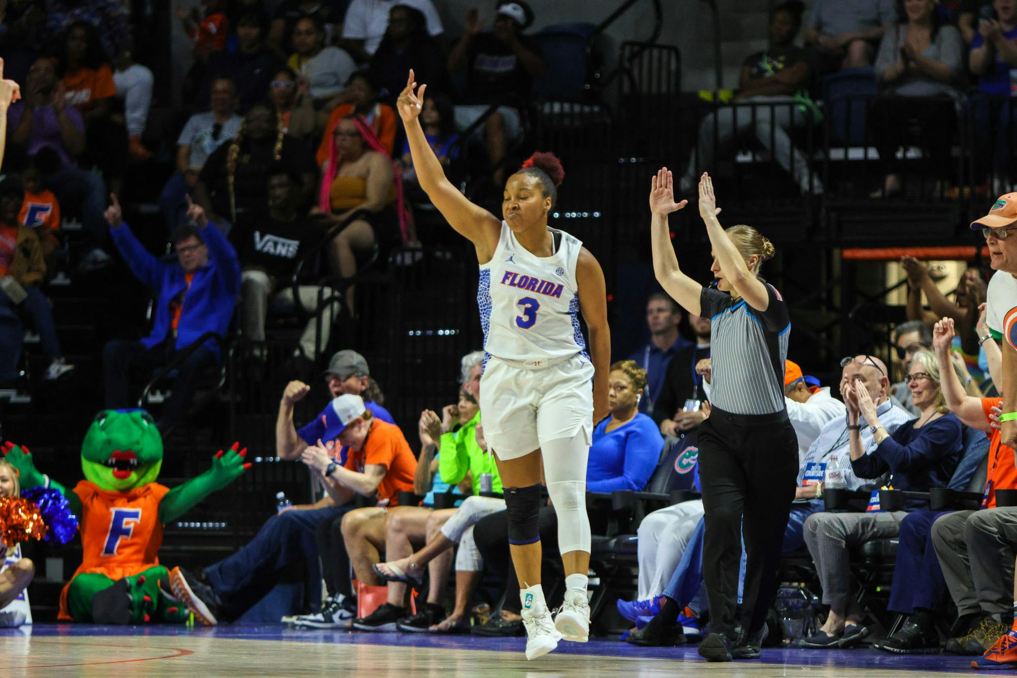 Florida guard KK Deans celebrates during the Gators' 90-79 loss to the Louisiana State Tigers Sunday, Feb. 19, 2023