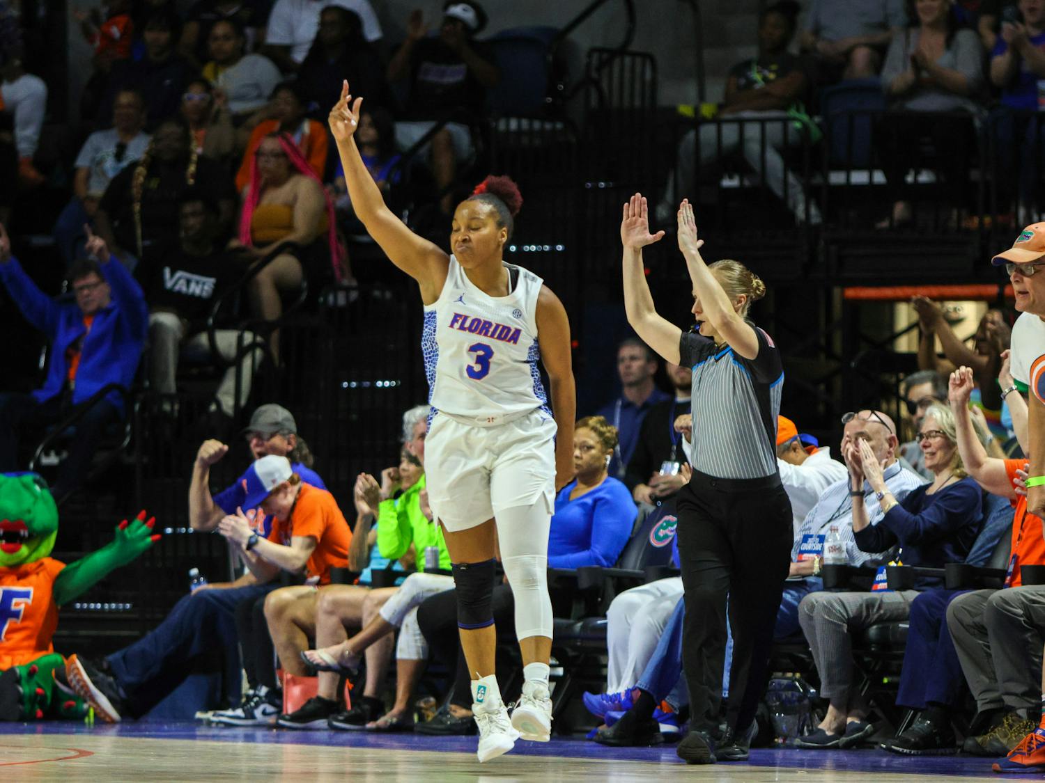 Florida guard KK Deans celebrates during the Gators' 90-79 loss to the Louisiana State Tigers Sunday, Feb. 19, 2023