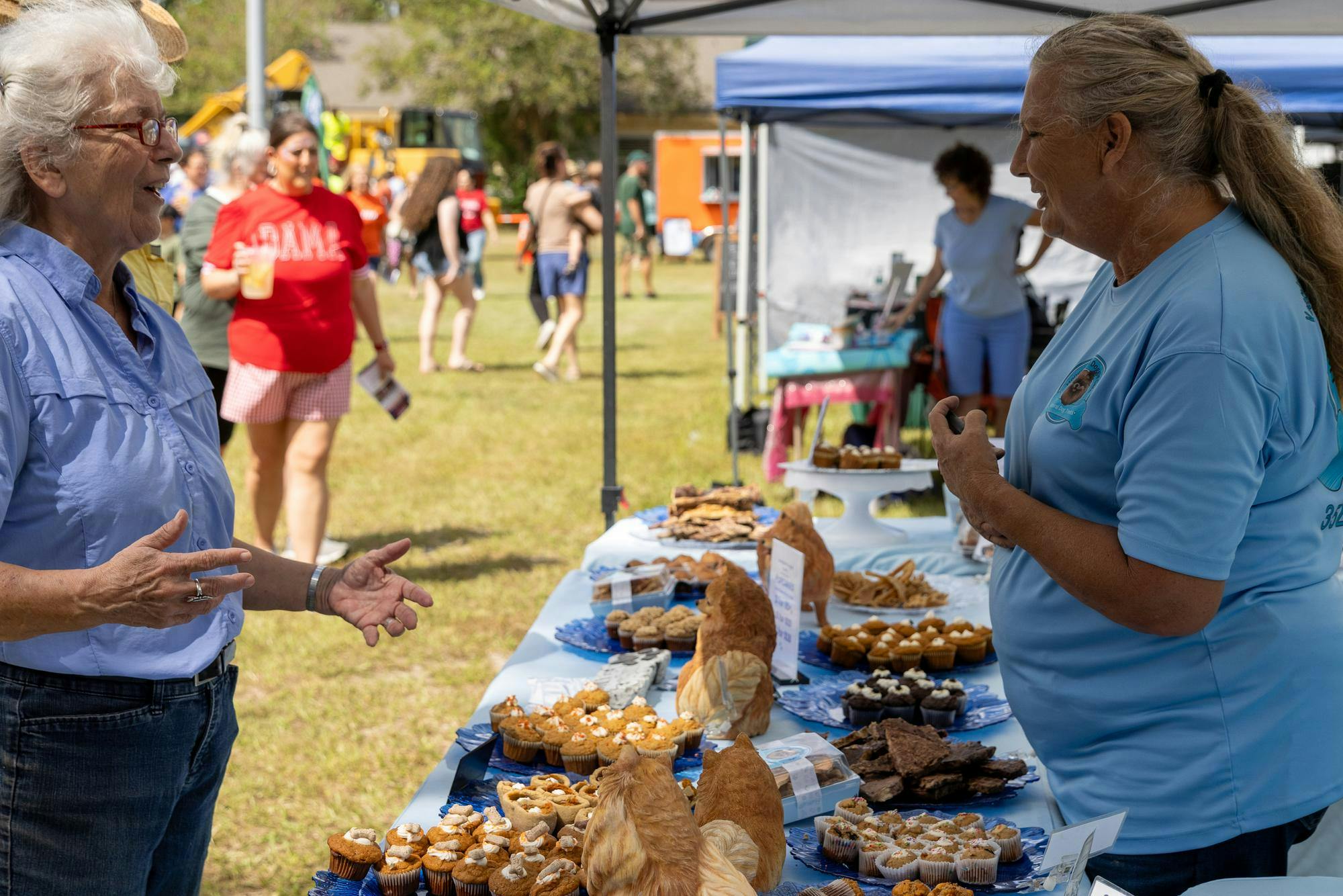Alachua County Commissioner Marihelen Wheeler (left) talks with ownwe of Honeybee’s Doggie Cafe Donna Ruby about the future of the  Waldo Sweet Potato Festival & Car Display in Waldo, Florida, on Saturday, Sept. 13, 2025.
