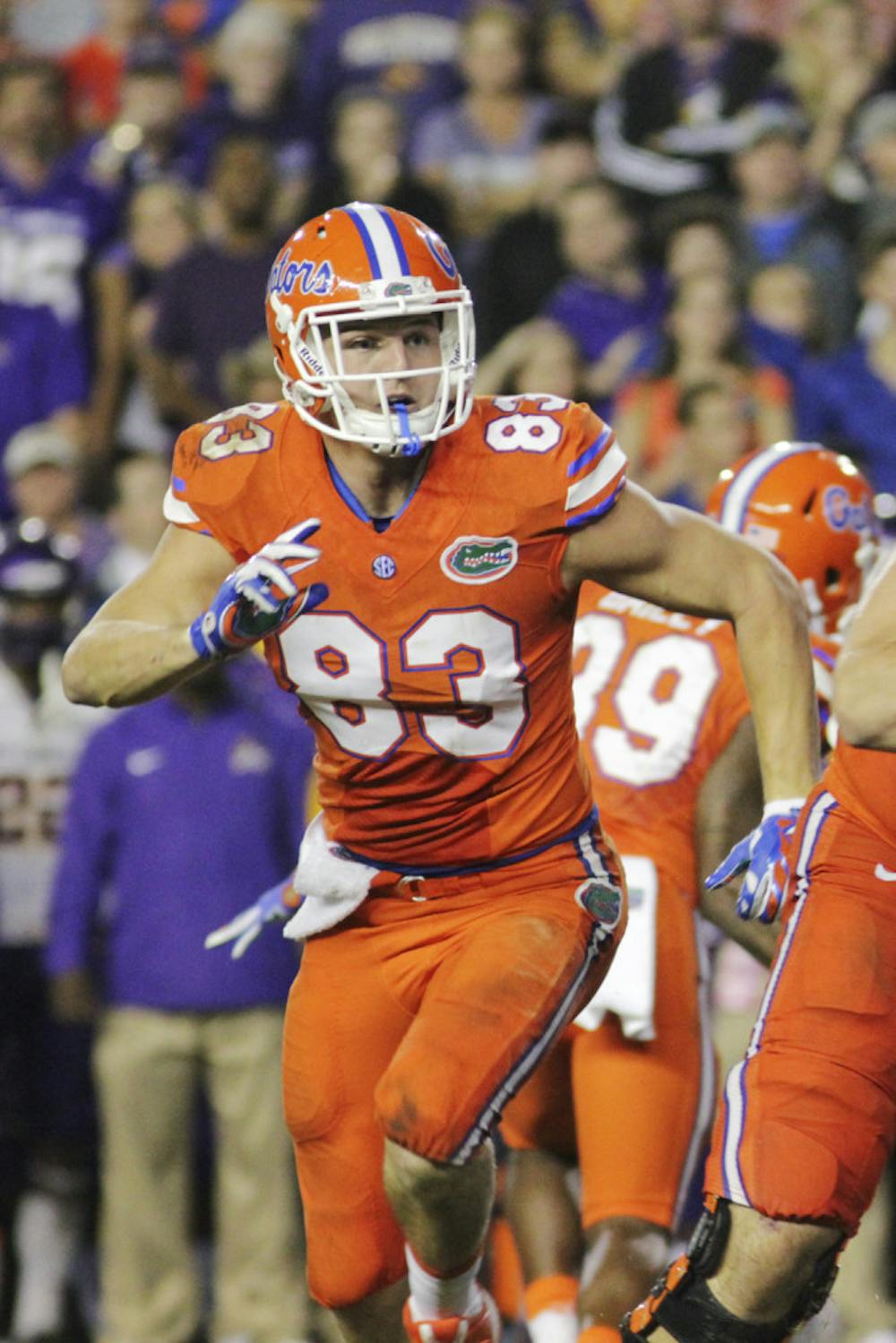 <p>UF tight end Jake McGee runs a route during Florida's 31-24 win against East Carolina on Sept. 12, 2015, at Ben Hill Griffin Stadium.</p>