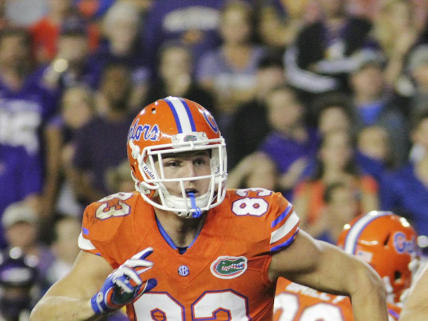 UF tight end Jake McGee runs a route during Florida's 31-24 win against East Carolina on Sept. 12, 2015, at Ben Hill Griffin Stadium.