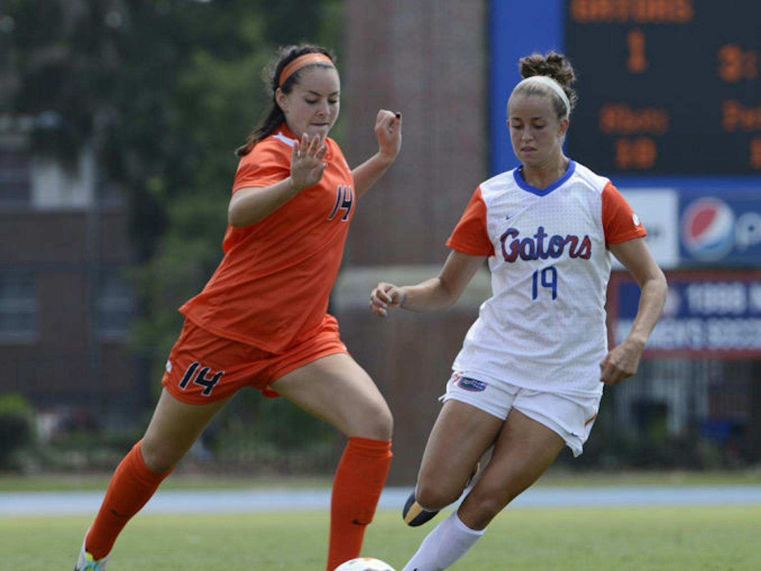 Havana Solaun (19) fights for the ball during Florida’s 2-0 win against Oklahoma State on Sept. 6 at James G. Pressly Stadium.