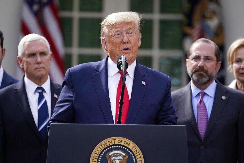 President Donald Trump speaks during a news conference about the coronavirus in the Rose Garden of the White House, Friday, March 13, 2020, in Washington. (AP Photo/Evan Vucci)