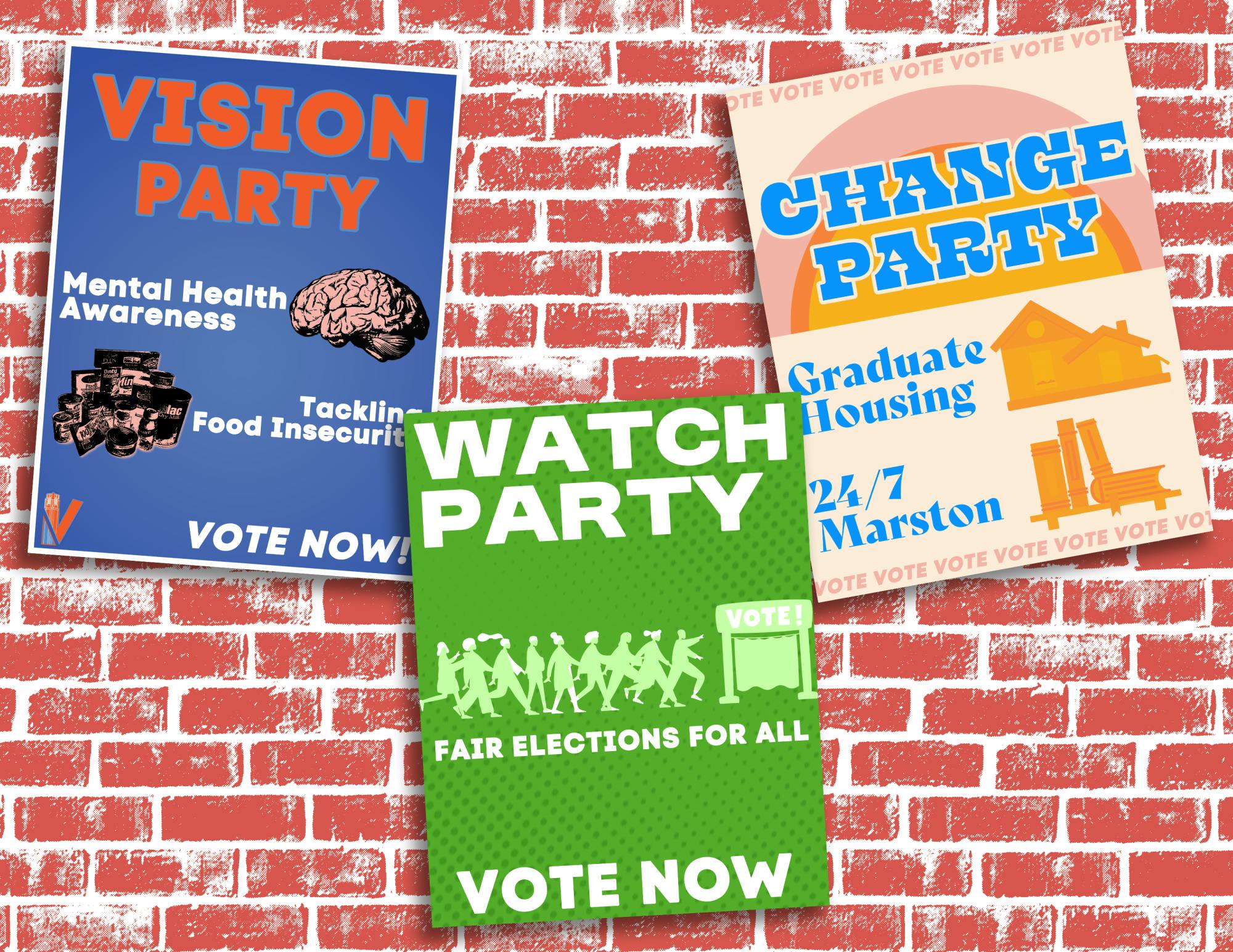 The Vision Party prioritizes student mental health and food insecurity, the Change Party focuses on graduate housing and expanding 24/7 access to Marston Science Library, and the Watch Party emphasizes fair elections.