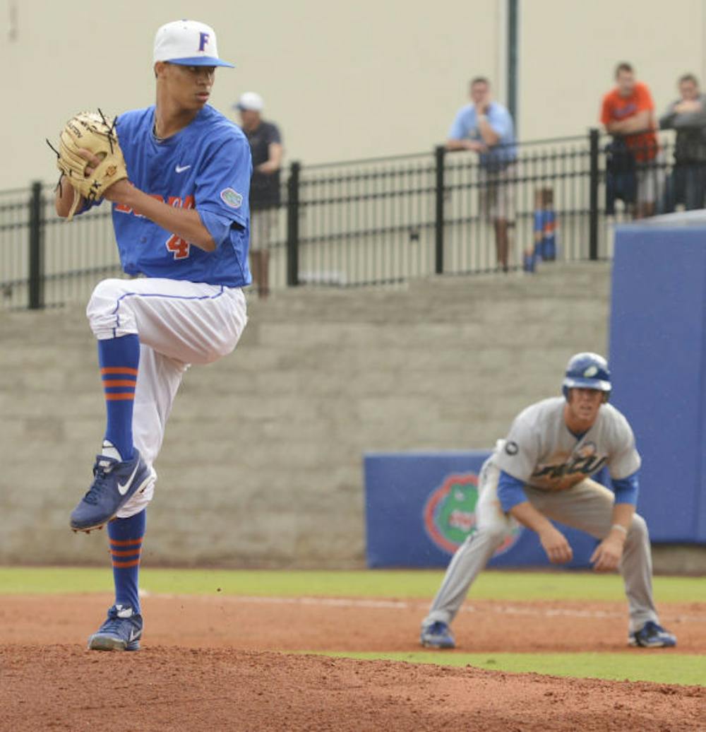 <p>Jay Carmichael pitches against Florida Gulf Coast on Feb. 24. Carmichael finished the season with the Gators’ third best ERA. The Gators were sent home after two games in the NCAA Bloomington Regional.&nbsp;</p>