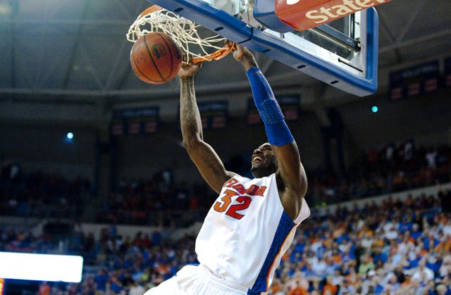 Florida senior center Vernon Macklin dunks the ball during the Gators’ 78-51 victory against Alabama in the O’Connell Center on Tuesday night. Macklin and Chandler Parsons led the team with 19 points.