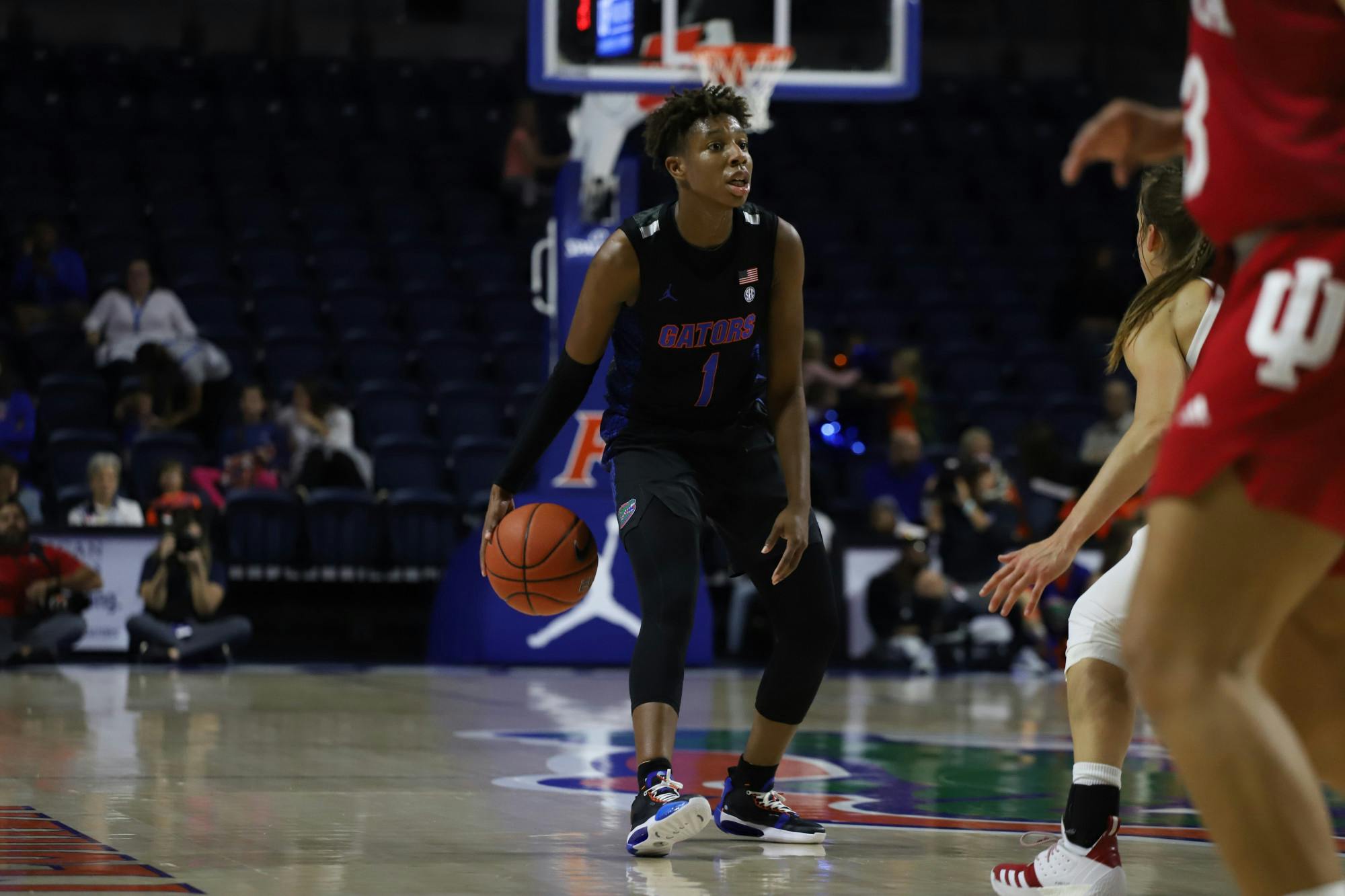 Guard Kiara Smith pulled up to tie the game during the first quarter. Photo is from the Florida-Indiana game in November 2019.