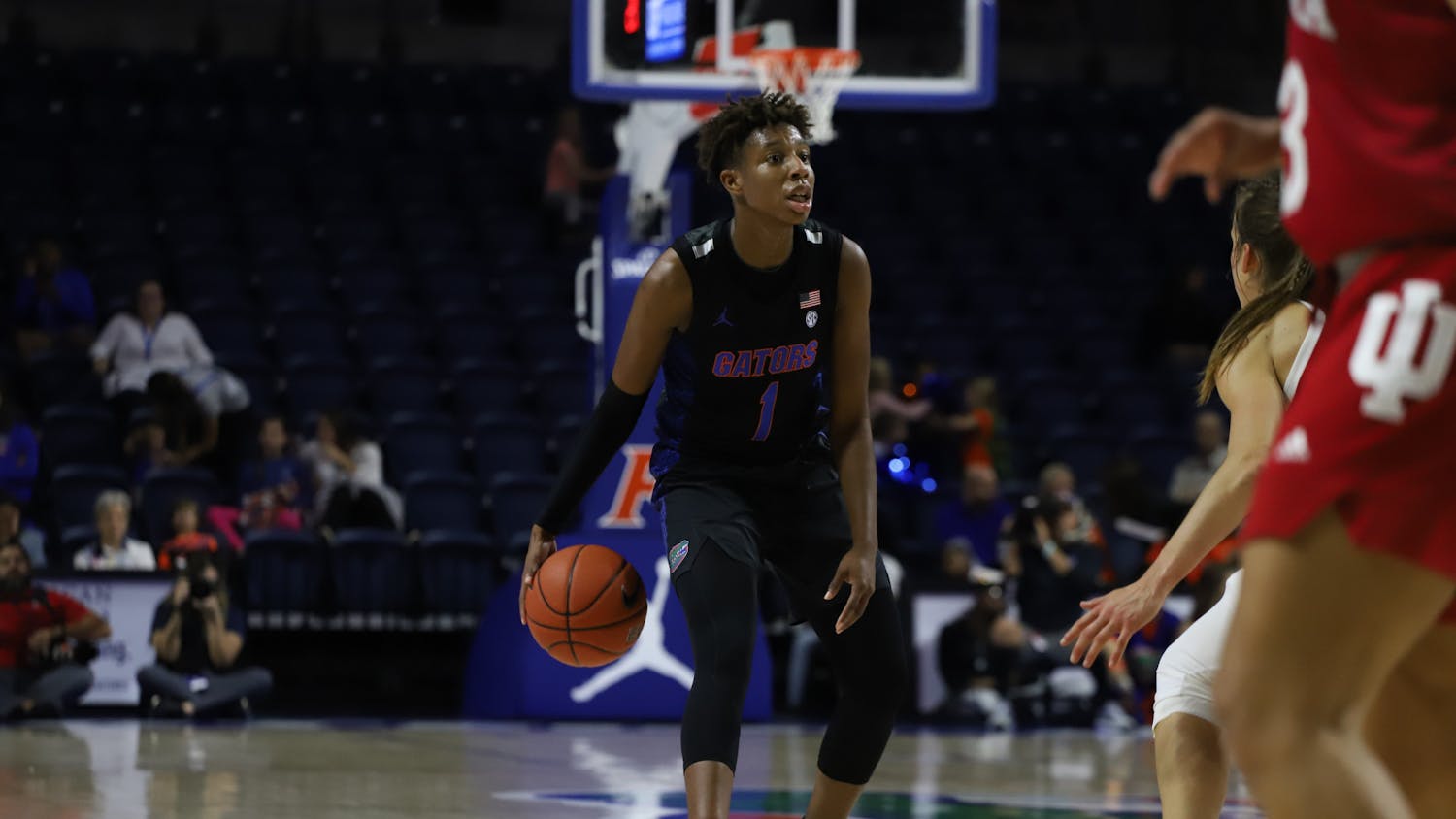 Guard Kiara Smith pulled up to tie the game during the first quarter. Photo is from the Florida-Indiana game in November 2019.