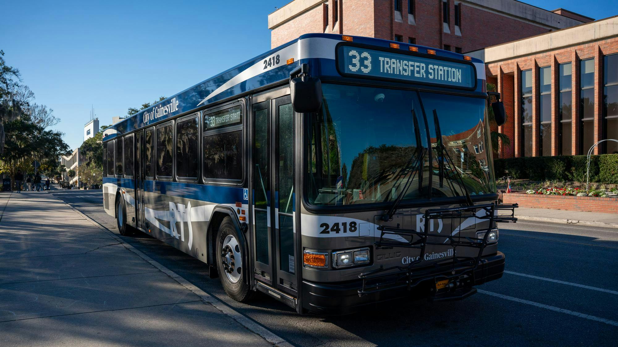 The number 33 bus stops at the Hub Food Court in Gainesville, Fla. Friday, Jan 16, 2026.