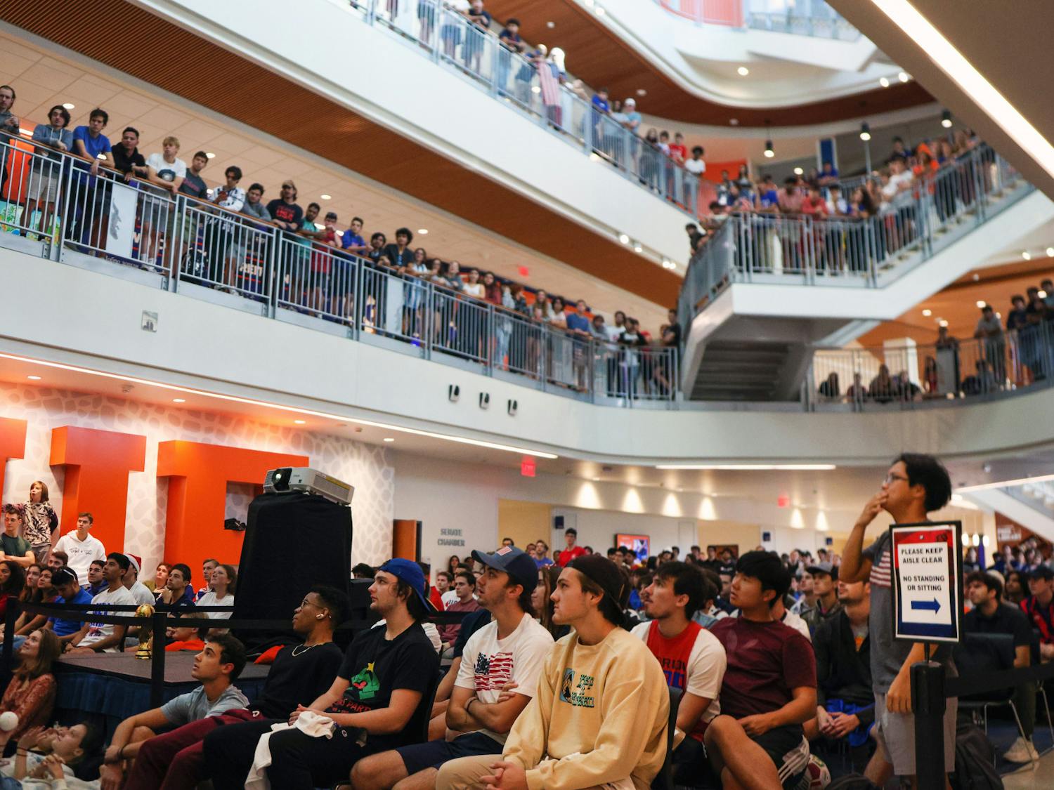 Spectators fill three stories of the Reitz Union to watch the World Cup match between the United States and the Netherlands Saturday, Dec. 3, 2022. 