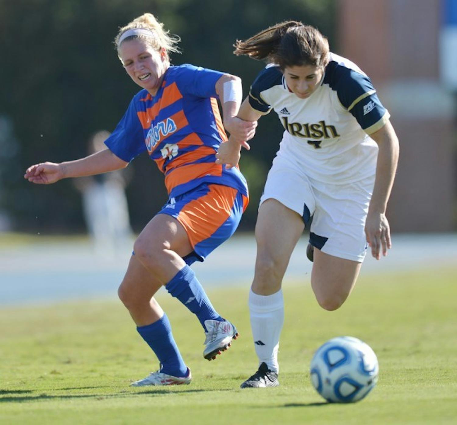 Notre Dame defender Stephanie Campo muscles past Florida defender Tessa Andujar during Florida's 2-0 loss to Notre Dame on Sunday afternoon.
