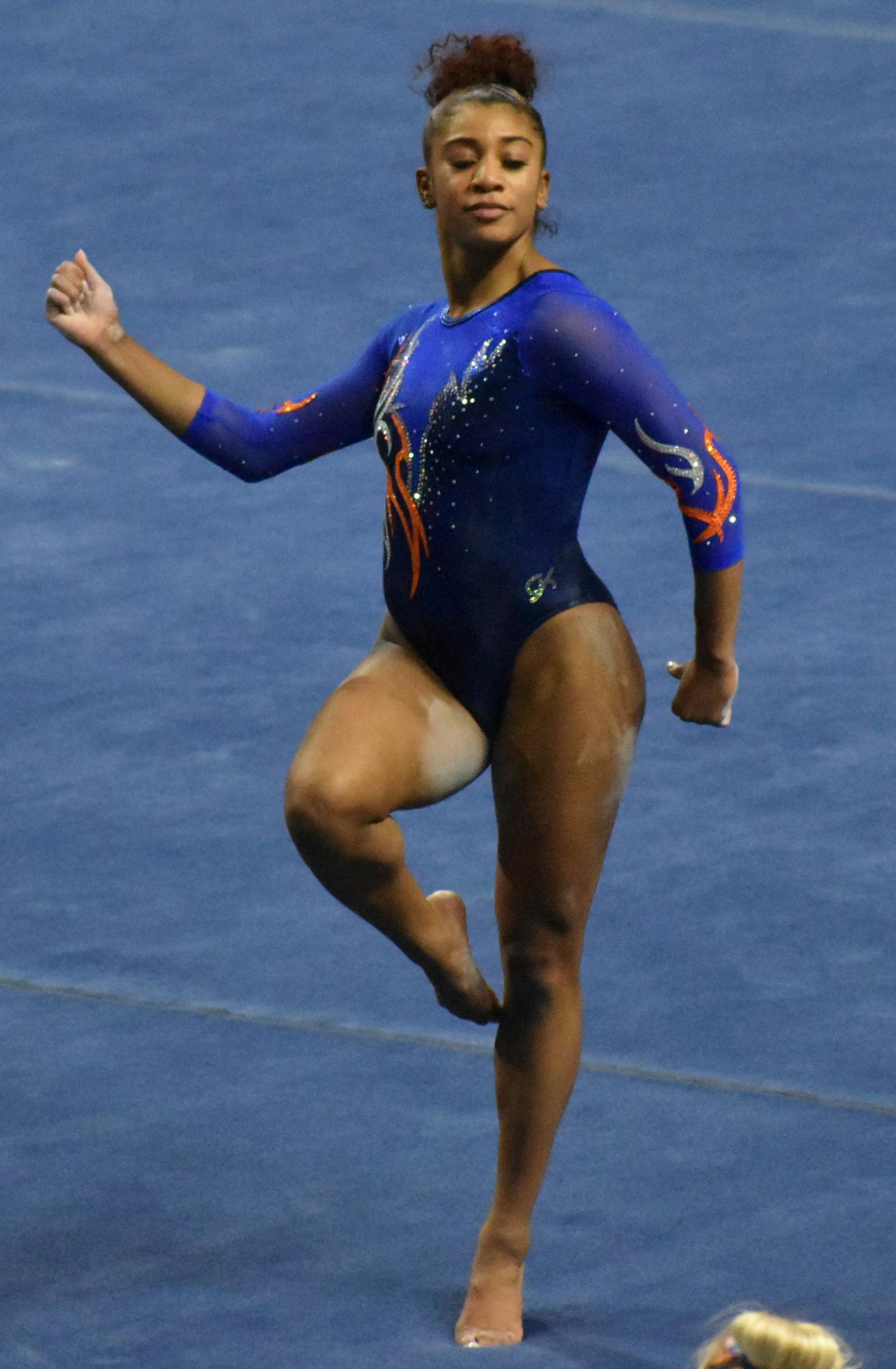 The team counts on Reed, the spark plug for this year’s Gators team, to keep the energy high. Photo from UF-Mizzou meet Jan. 29, 2021. Reed was nearly perfect on the vault Friday night, finishing with a 9.95. 